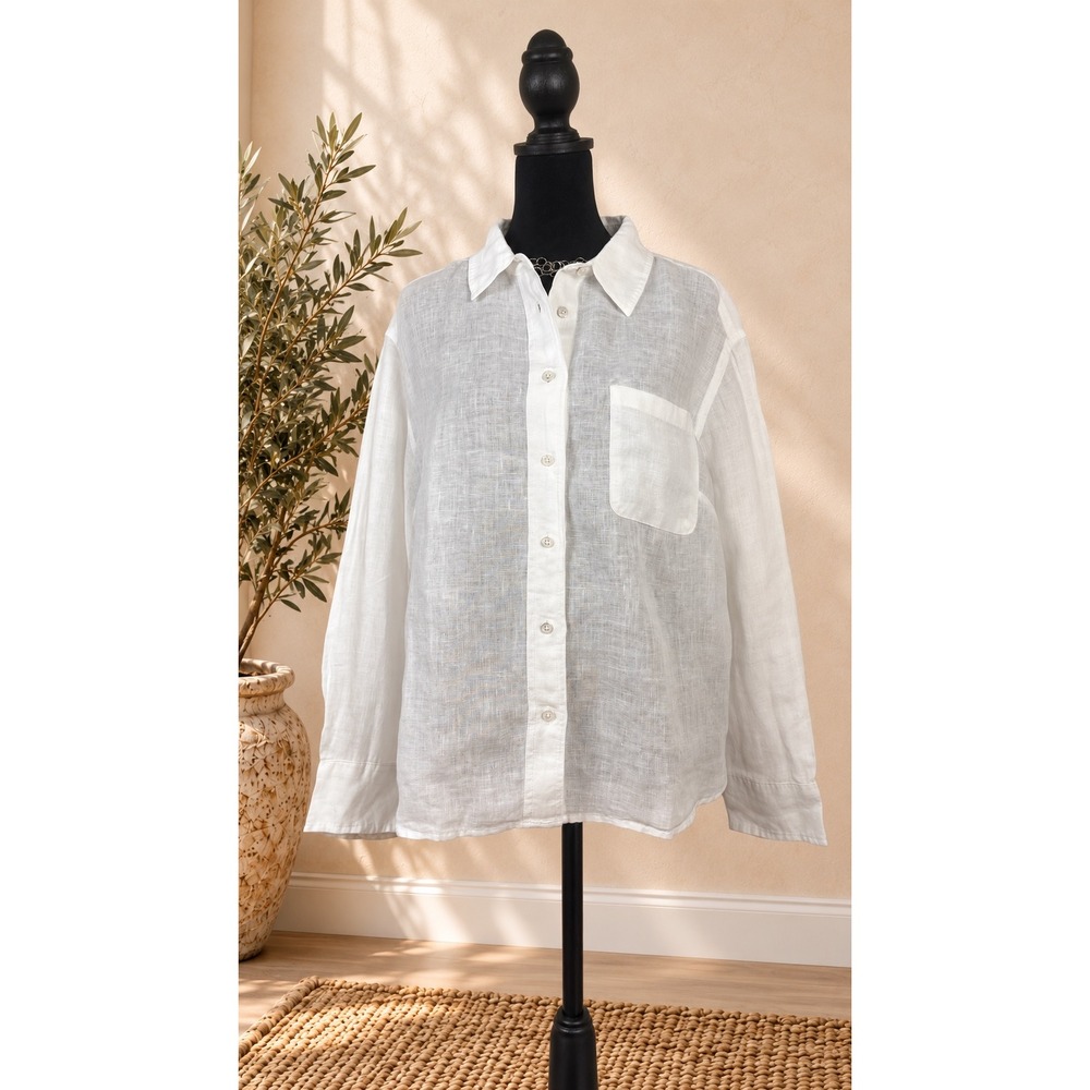 Talbots Petite White 100% Linen Button Down Shirt Long Sleeve Blouse LP